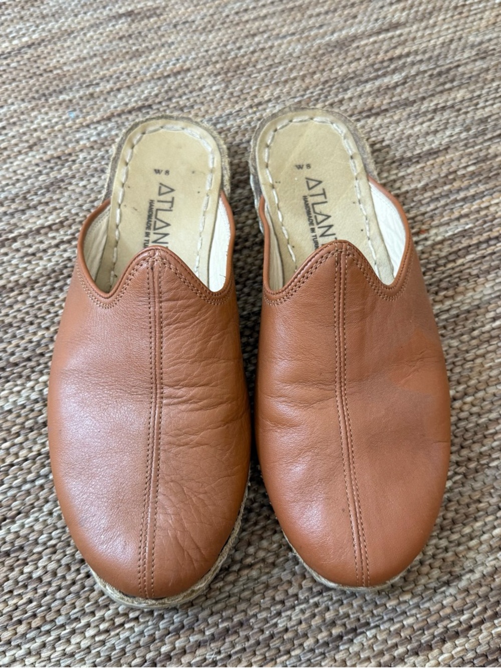 Atlantis Handmade Shoes Leather Slide Mules   Brown Camel Women's 8.